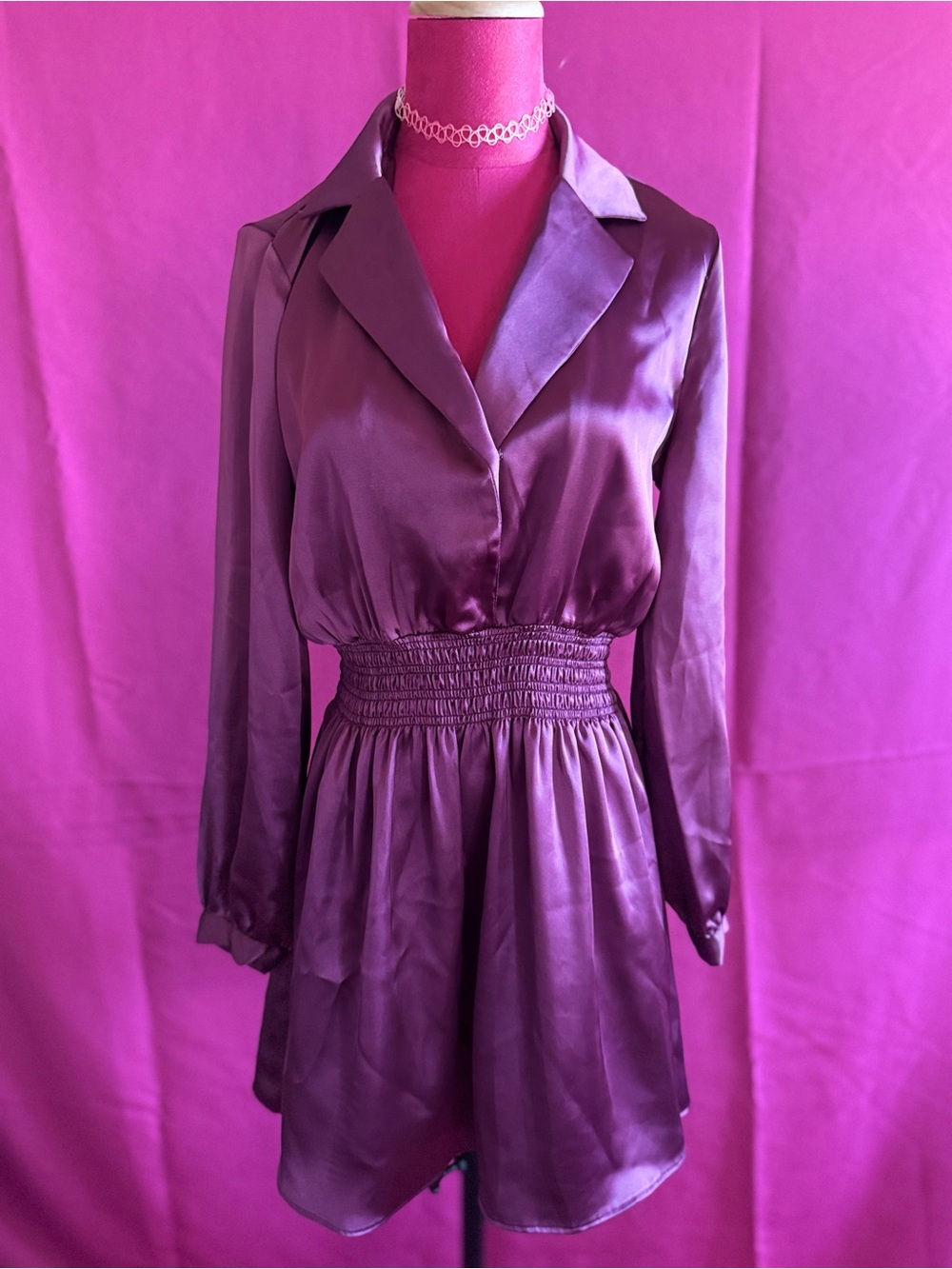 Satin Long Sleeve Smocked Waist Dress in Deep Purple